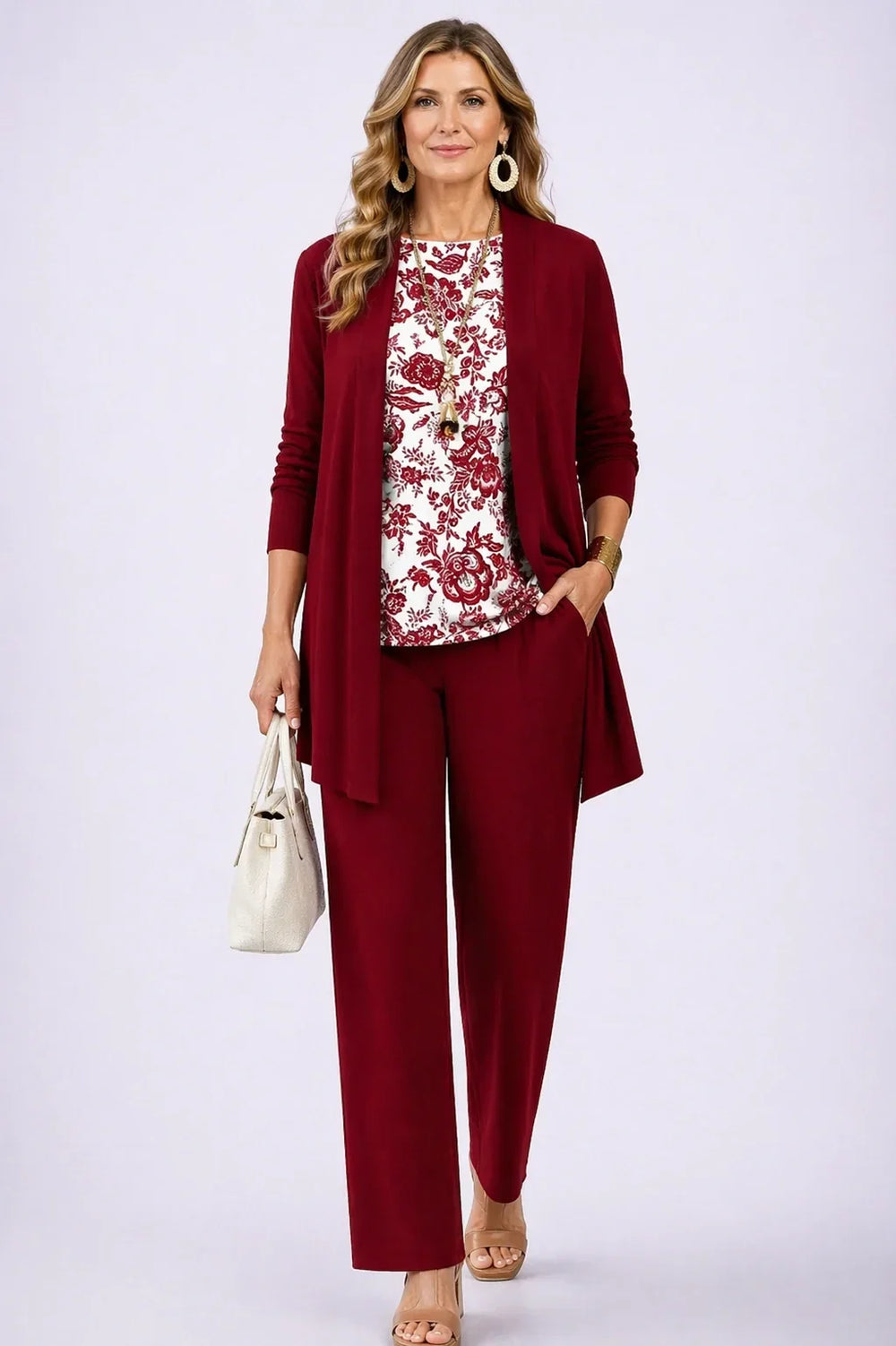 Colombe™ | Ensemble Trois Pièces Bordeaux Fleuri