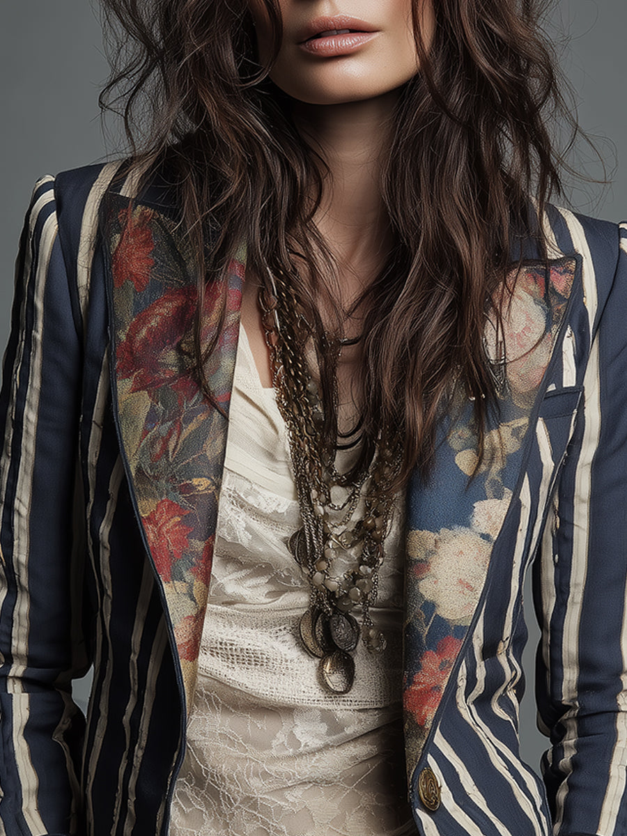Béatrice | Blazer rayé à détails floraux tissés