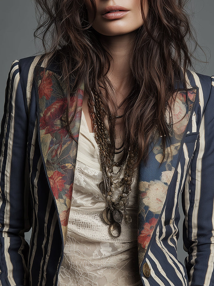 Béatrice | Blazer rayé à détails floraux tissés