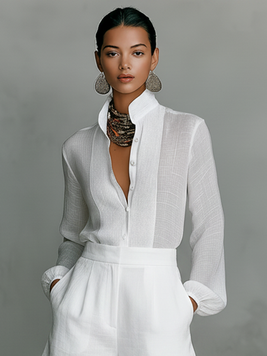 Beatrice | Ensemble Chemise à Col Montant Blanc & Shorts