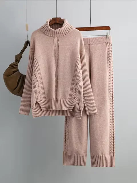 Scarlett | Ensemble de Pull Tricoté à Col Montant Chic et Pantalons Amples