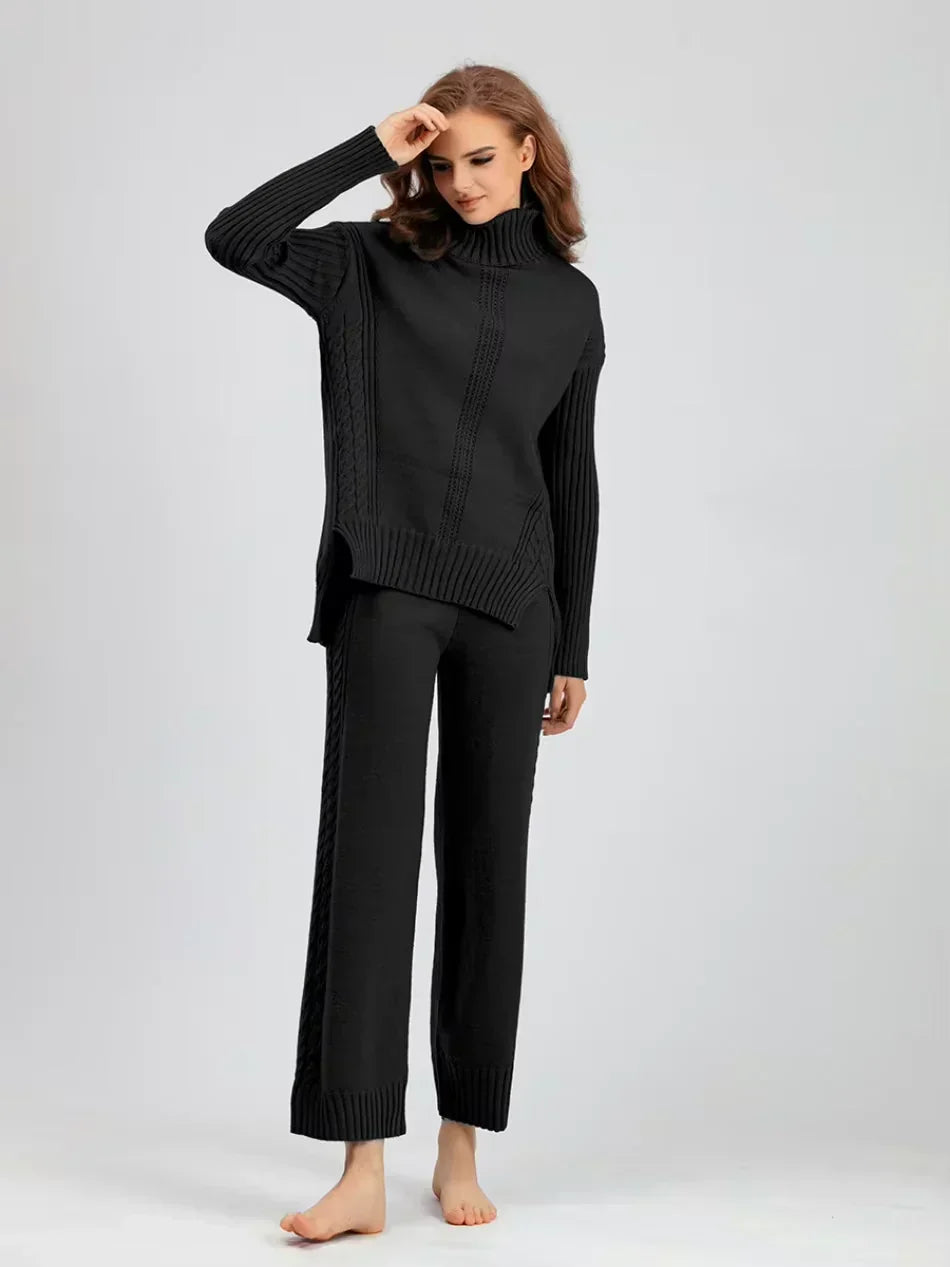 Scarlett | Ensemble de Pull Tricoté à Col Montant Chic et Pantalons Amples