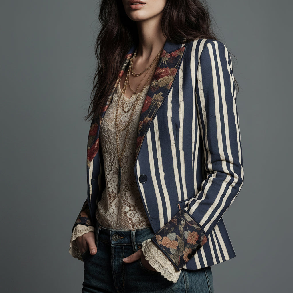 Béatrice | Blazer rayé à détails floraux tissés