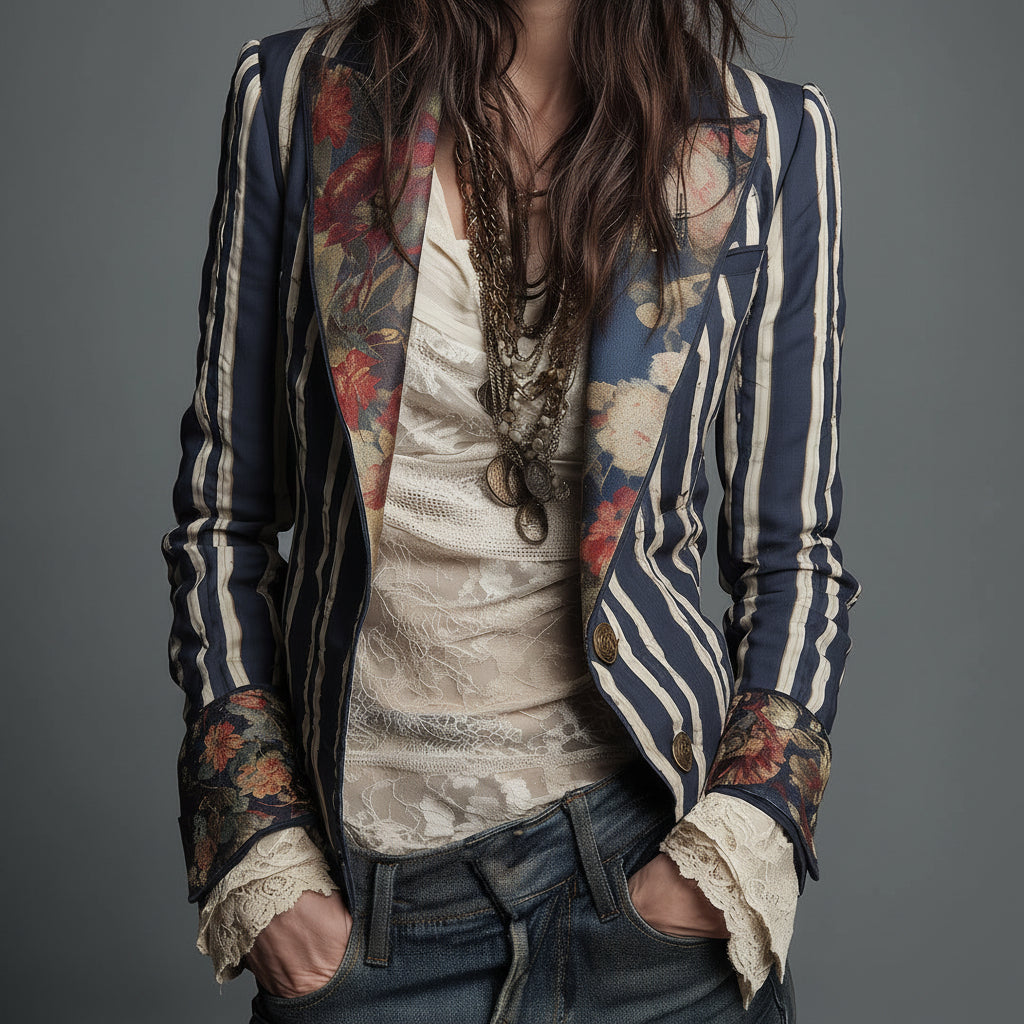 Béatrice | Blazer rayé à détails floraux tissés