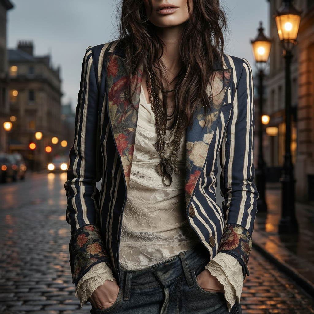 Béatrice | Blazer rayé à détails floraux tissés