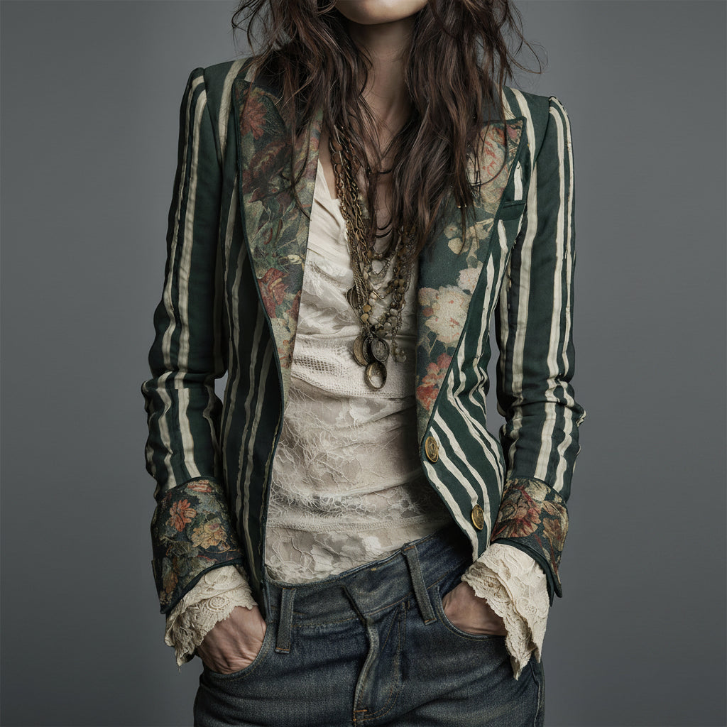 Béatrice | Blazer rayé à détails floraux tissés