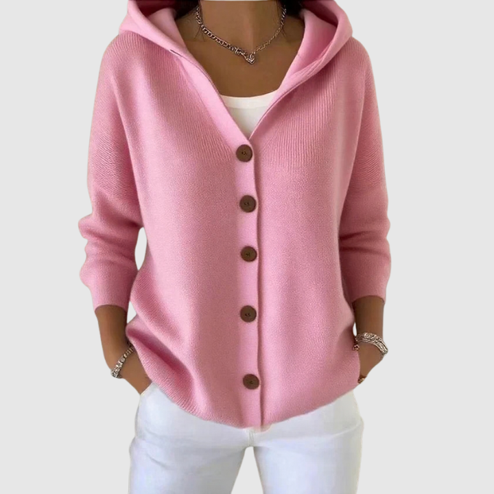 Darienne | Cardigan long boutonné en tricot avec capuchon