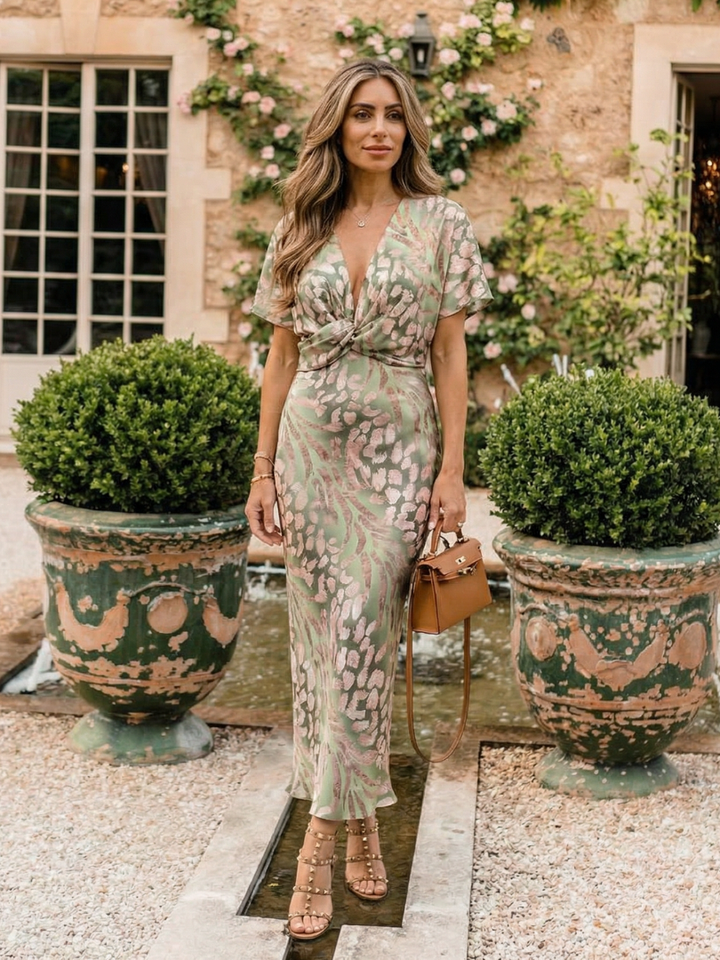 Vivette | Robe midi à taille torsadée et imprimé abstrait