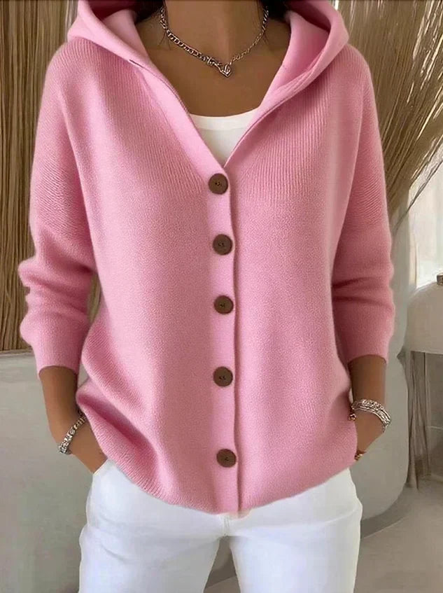 Darienne | Cardigan long boutonné en tricot avec capuchon