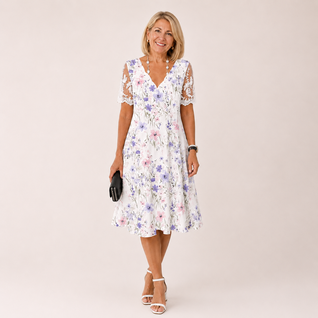 Frances | Robe Midi à Manches en Dentelle Florale