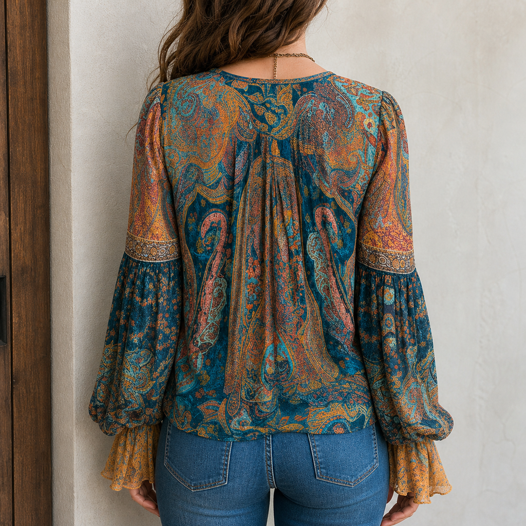 Phyllis | Blouse Bohémienne Paisley avec Manches Volantes