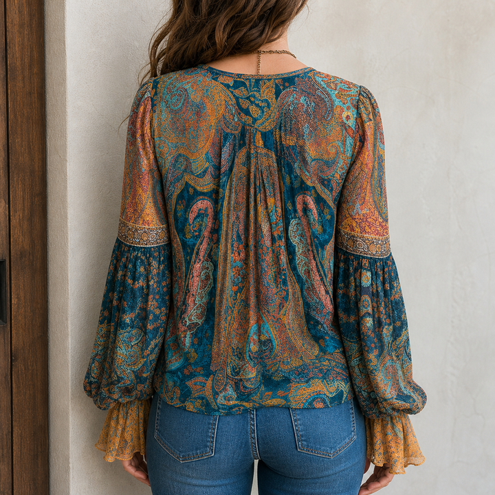 Phyllis | Blouse Bohémienne Paisley avec Manches Volantes