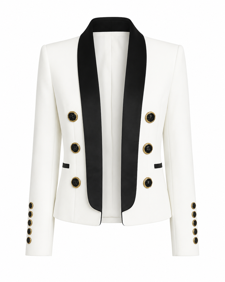 Élégance | Blazer tailleur blanc à détails noirs contrastants
