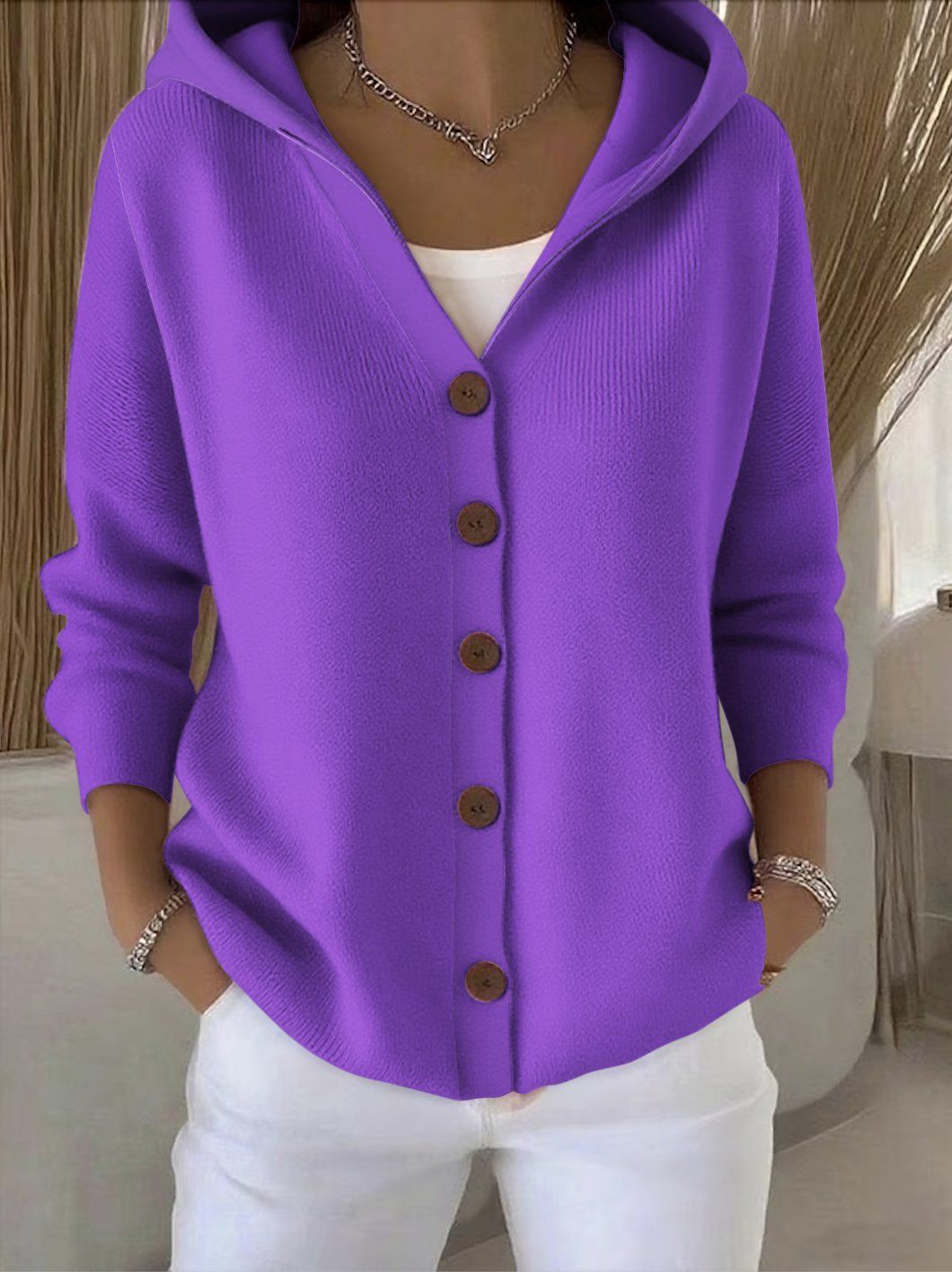 Darienne | Cardigan long boutonné en tricot avec capuchon