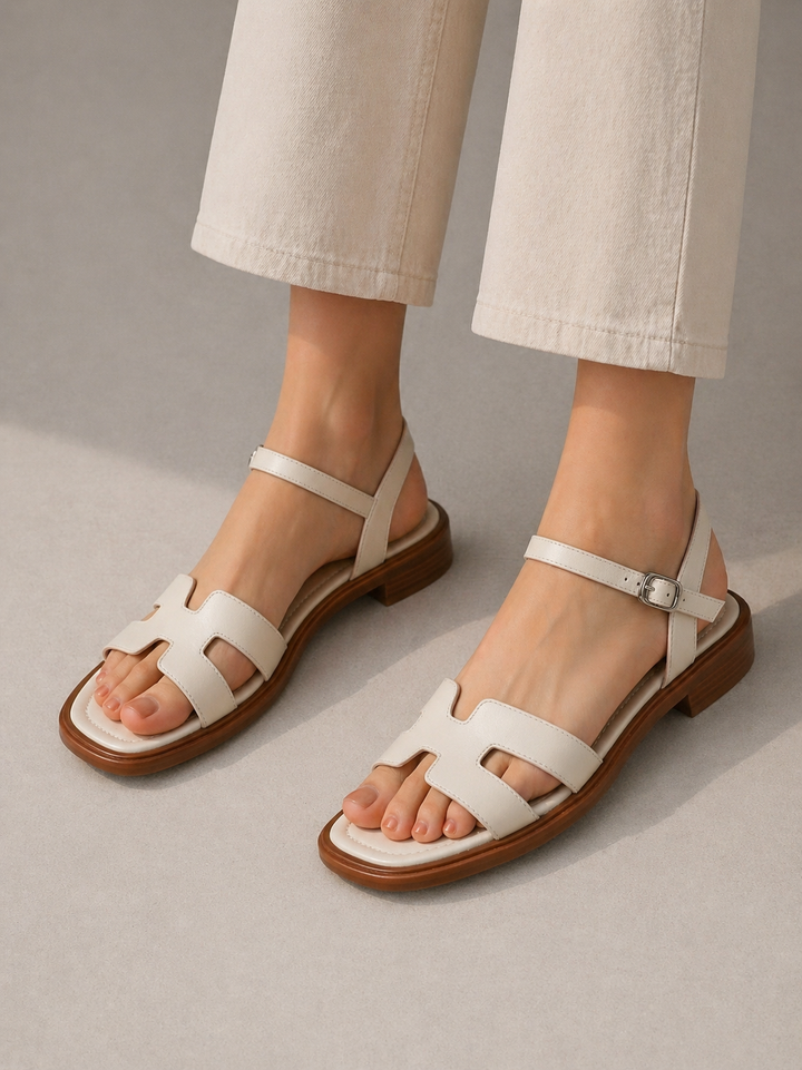 Sandales d'été en cuir à brides et petit talon bloc