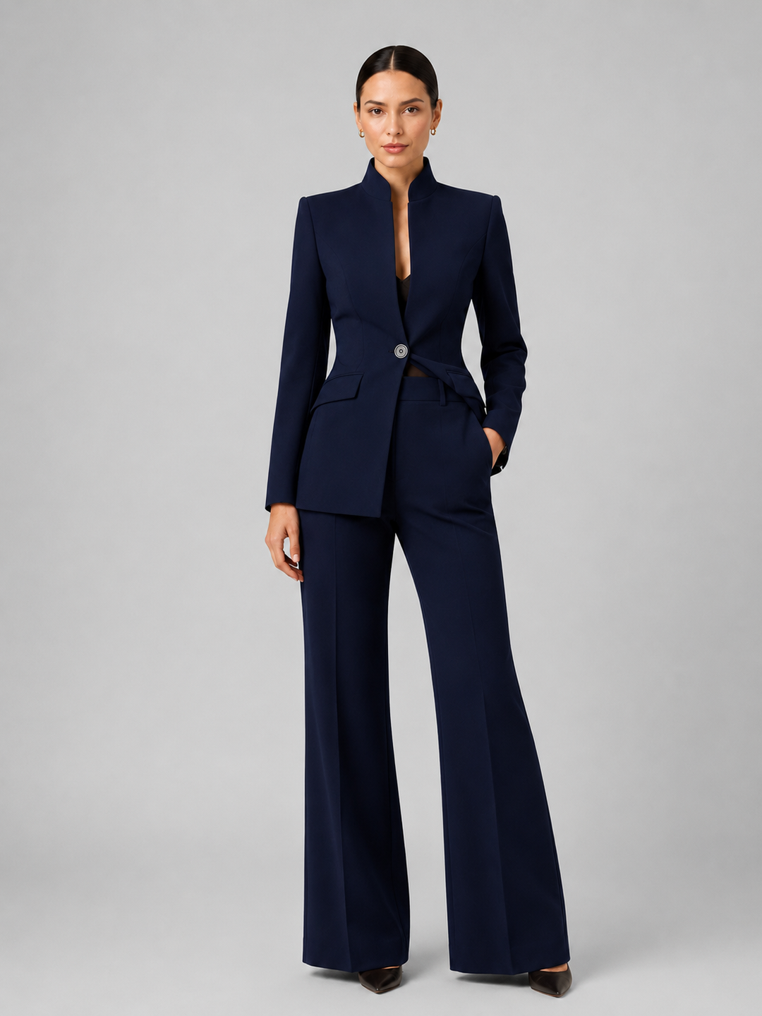 Liesel | Ensemble tailleur blazer sans col et pantalon jambe large