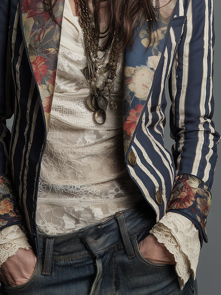 Béatrice | Blazer rayé à détails floraux tissés