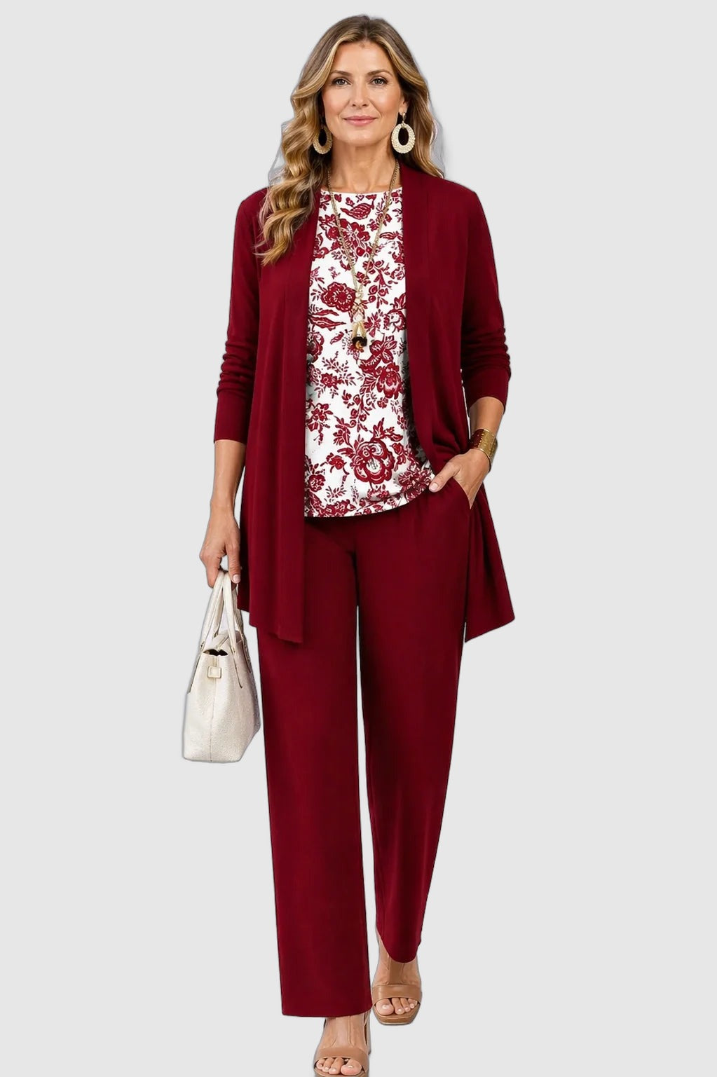 Colombe™ | Ensemble Trois Pièces Bordeaux Fleuri
