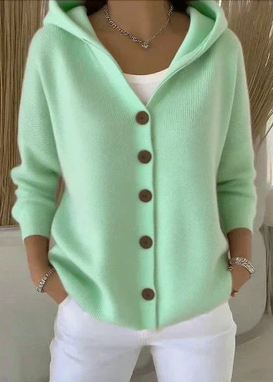 Darienne | Cardigan long boutonné en tricot avec capuchon