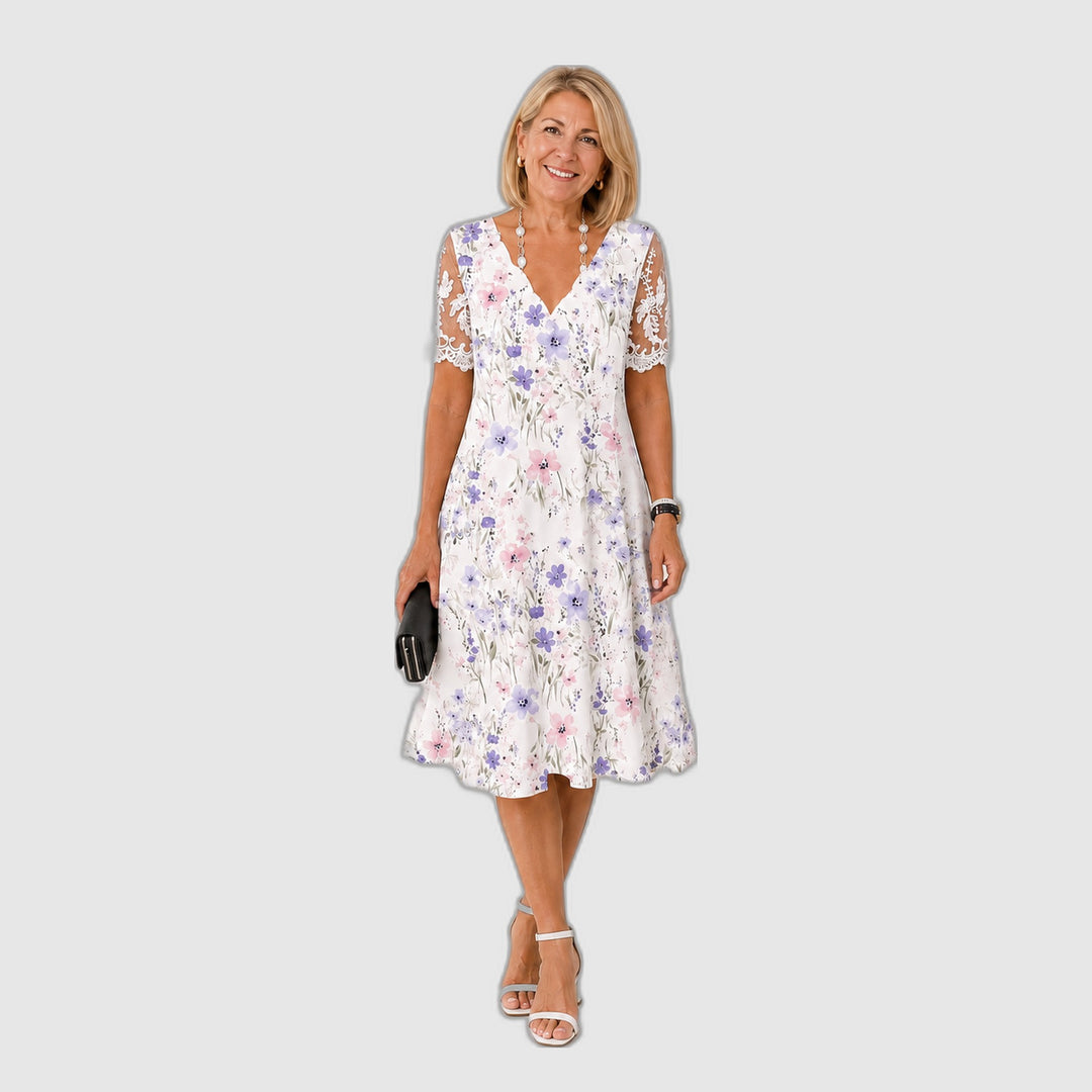 Frances | Robe Midi à Manches en Dentelle Florale