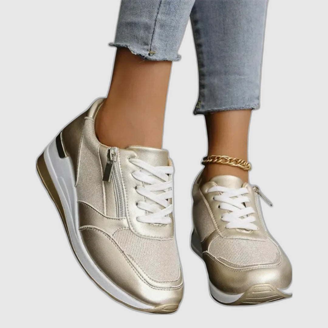 Jenny | Baskets de mode à lacets et fermeture éclair latérale en argent et or scintillants