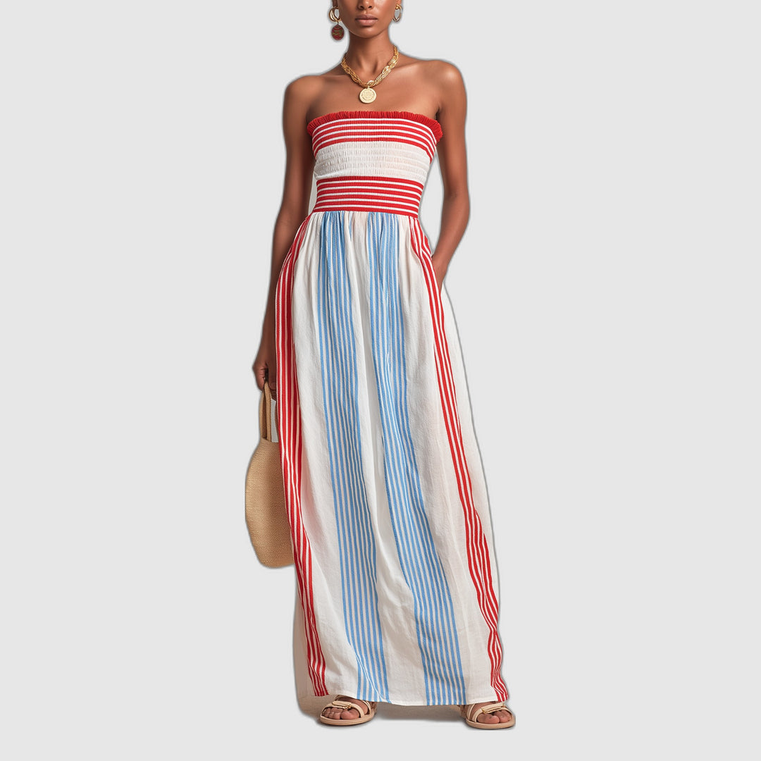 Élise | Robe Maxi Bustier Smockée à Rayures